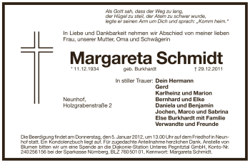 Traueranzeige von Margareta Schmidt von Pegnitz-Zeitung